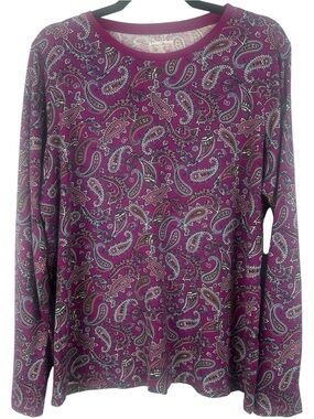 Lands' End Relaxed Fit Paisley Supima Cotton Long Sleeve Large Tee Purple Multi